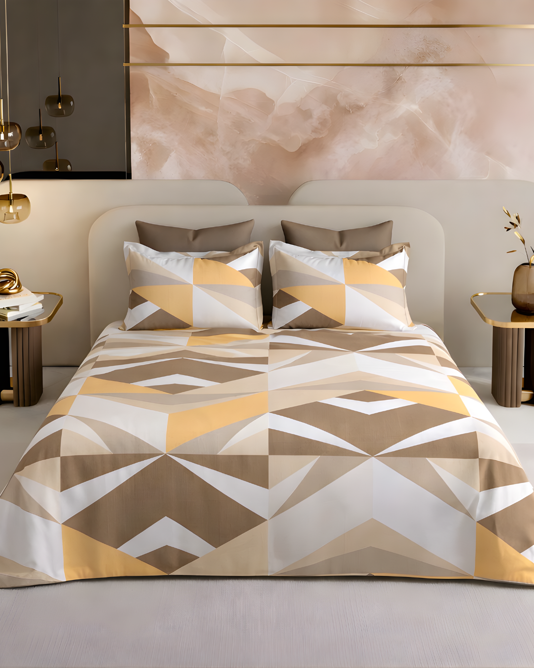 Super King Size Bedsheet | 400TC | 100% Pure Cotton Super King Size Bedsheet(275×275cm) with 2 Pillow Covers | Geometric Pattern (Yellow,Beige & Brown)