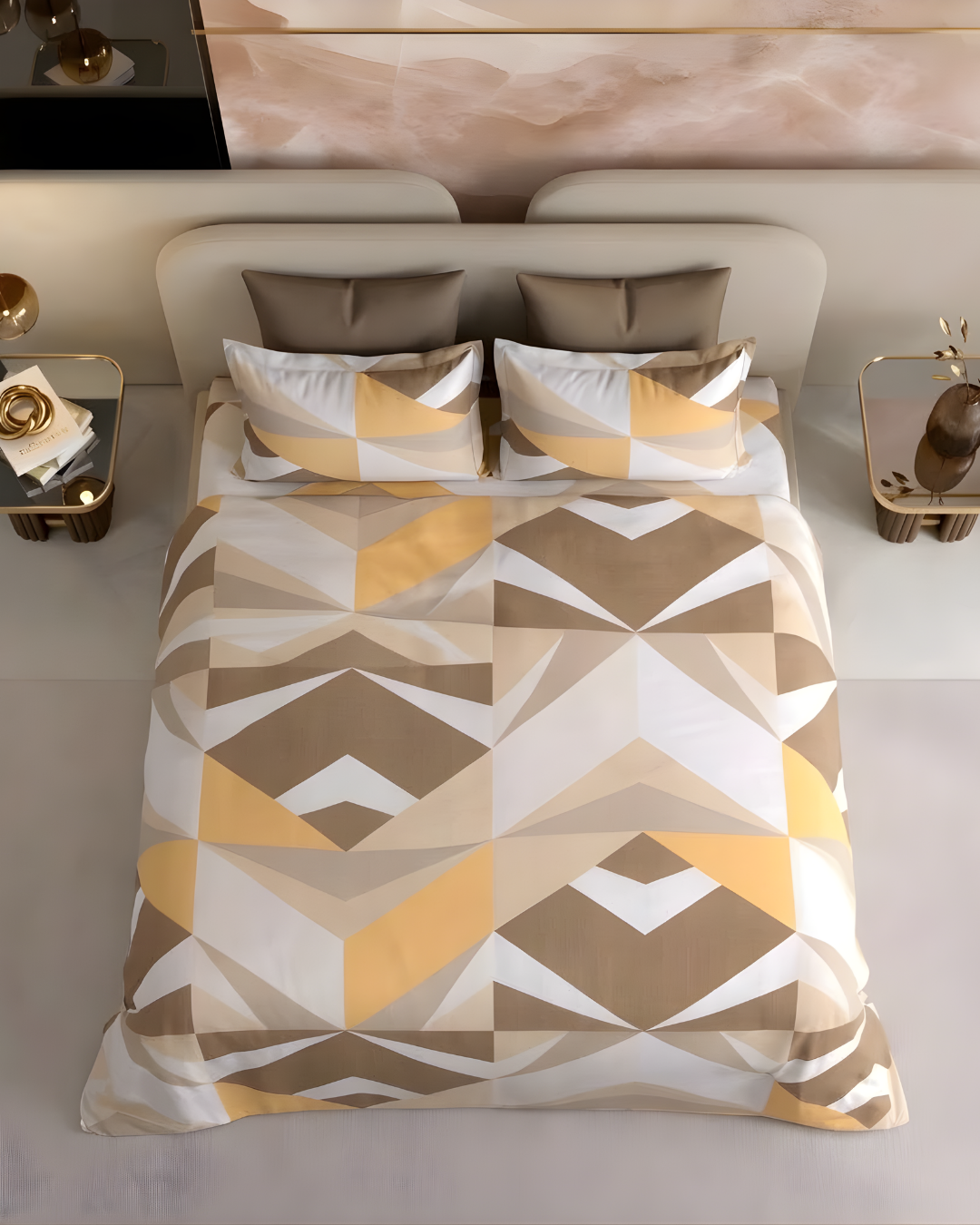 Super King Size Bedsheet | 400TC | 100% Pure Cotton Super King Size Bedsheet(275×275cm) with 2 Pillow Covers | Geometric Pattern (Yellow,Beige & Brown)