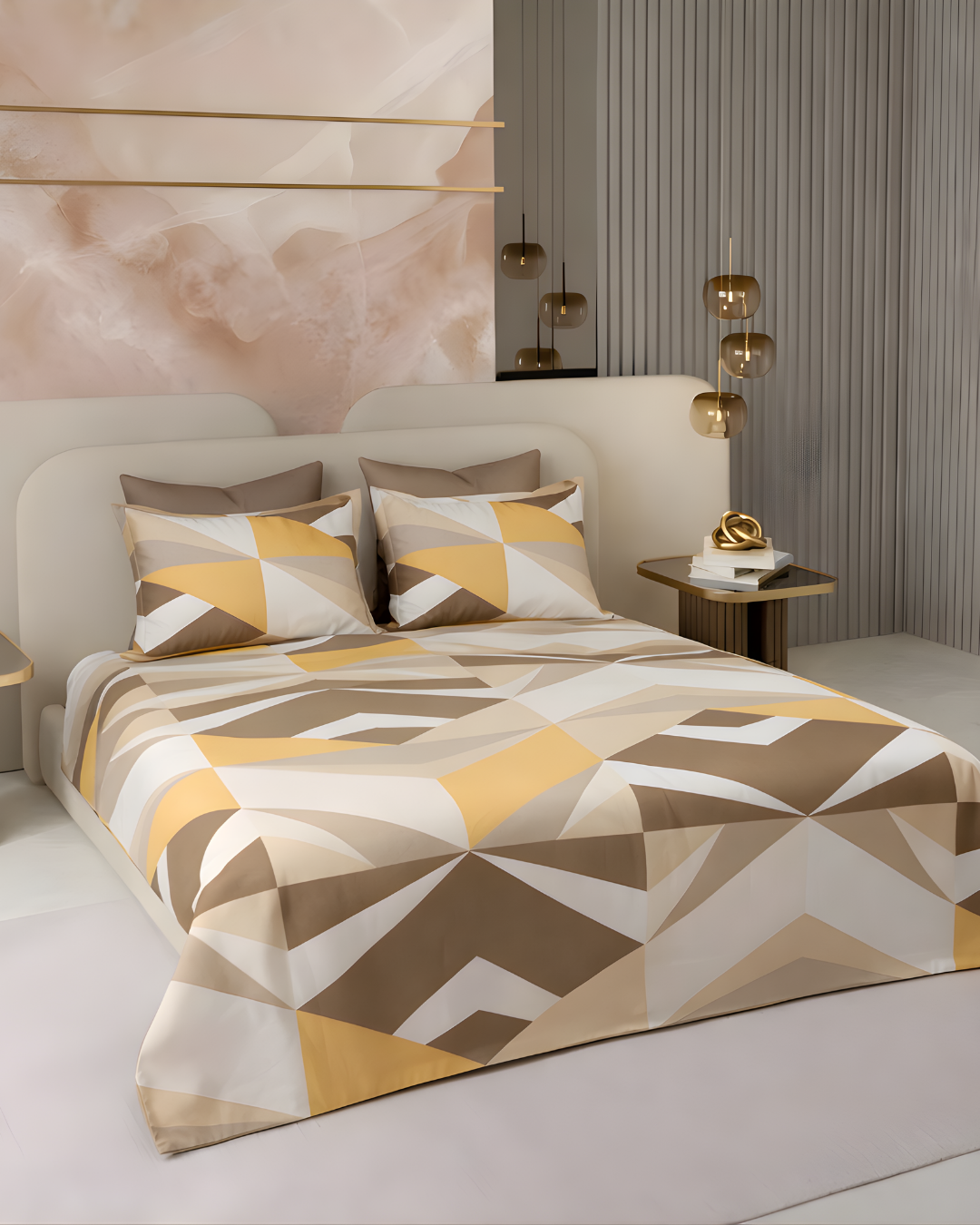 Super King Size Bedsheet | 400TC | 100% Pure Cotton Super King Size Bedsheet(275×275cm) with 2 Pillow Covers | Geometric Pattern (Yellow,Beige & Brown)