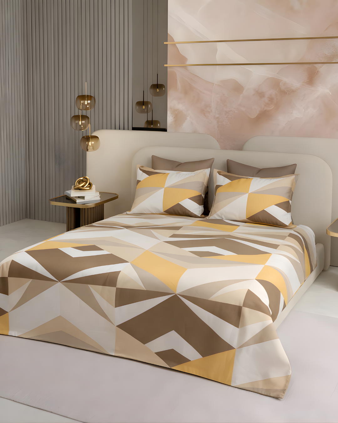 Super King Size Bedsheet | 400TC | 100% Pure Cotton Super King Size Bedsheet(275×275cm) with 2 Pillow Covers | Geometric Pattern (Yellow,Beige & Brown)