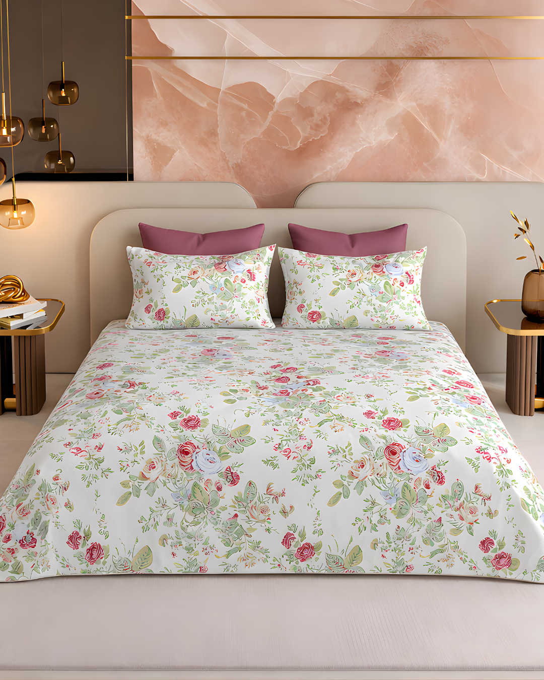 Super King Size Bedsheet | 400TC | 100% Pure Cotton Super King Size Bedsheet(275×275cm) with 2 Pillow Covers | Floral Pattern(White & Pink)