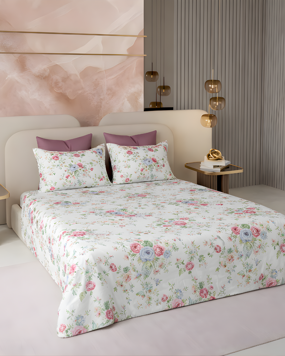 Super King Size Bedsheet | 400TC | 100% Pure Cotton Super King Size Bedsheet(275×275cm) with 2 Pillow Covers | Floral Pattern(White & Pink)
