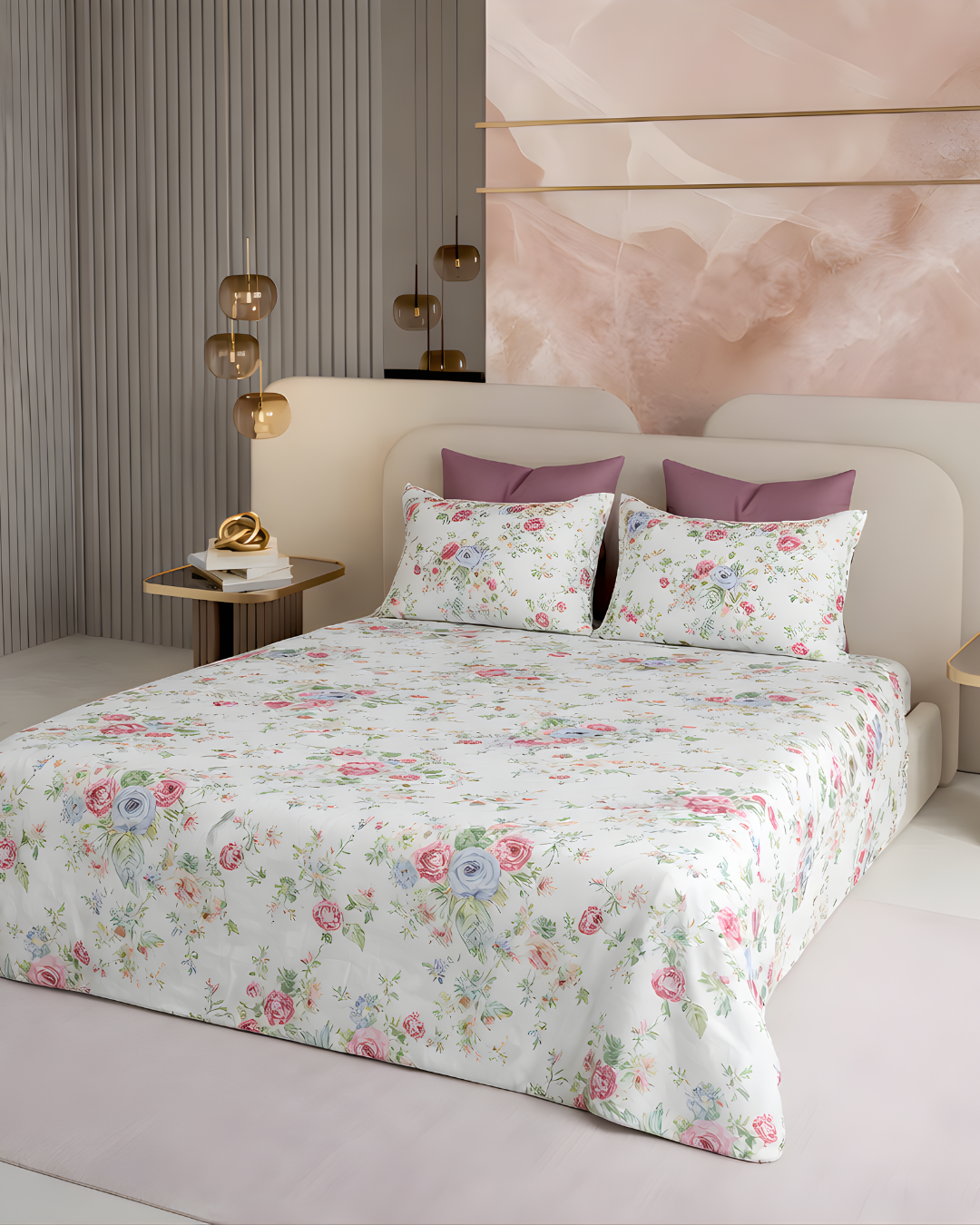 Super King Size Bedsheet | 400TC | 100% Pure Cotton Super King Size Bedsheet(275×275cm) with 2 Pillow Covers | Floral Pattern(White & Pink)