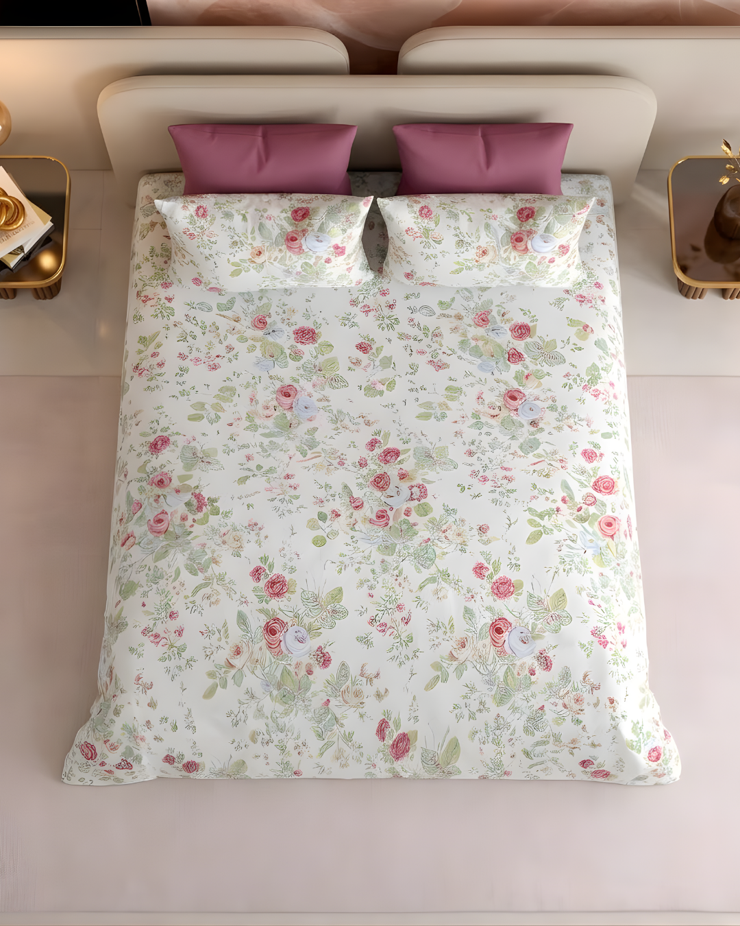 Super King Size Bedsheet | 400TC | 100% Pure Cotton Super King Size Bedsheet(275×275cm) with 2 Pillow Covers | Floral Pattern(White & Pink)