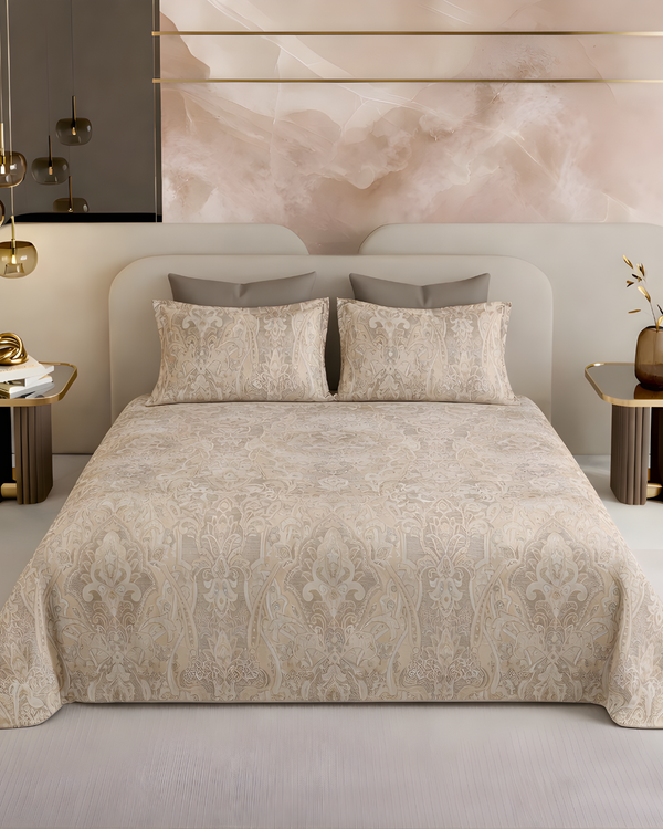 Super King Size Bedsheet | 400TC | 100% Pure Cotton Super King Size Bedsheet(275×275cm) with 2 Pillow Covers | Floral Pattern(Beige)