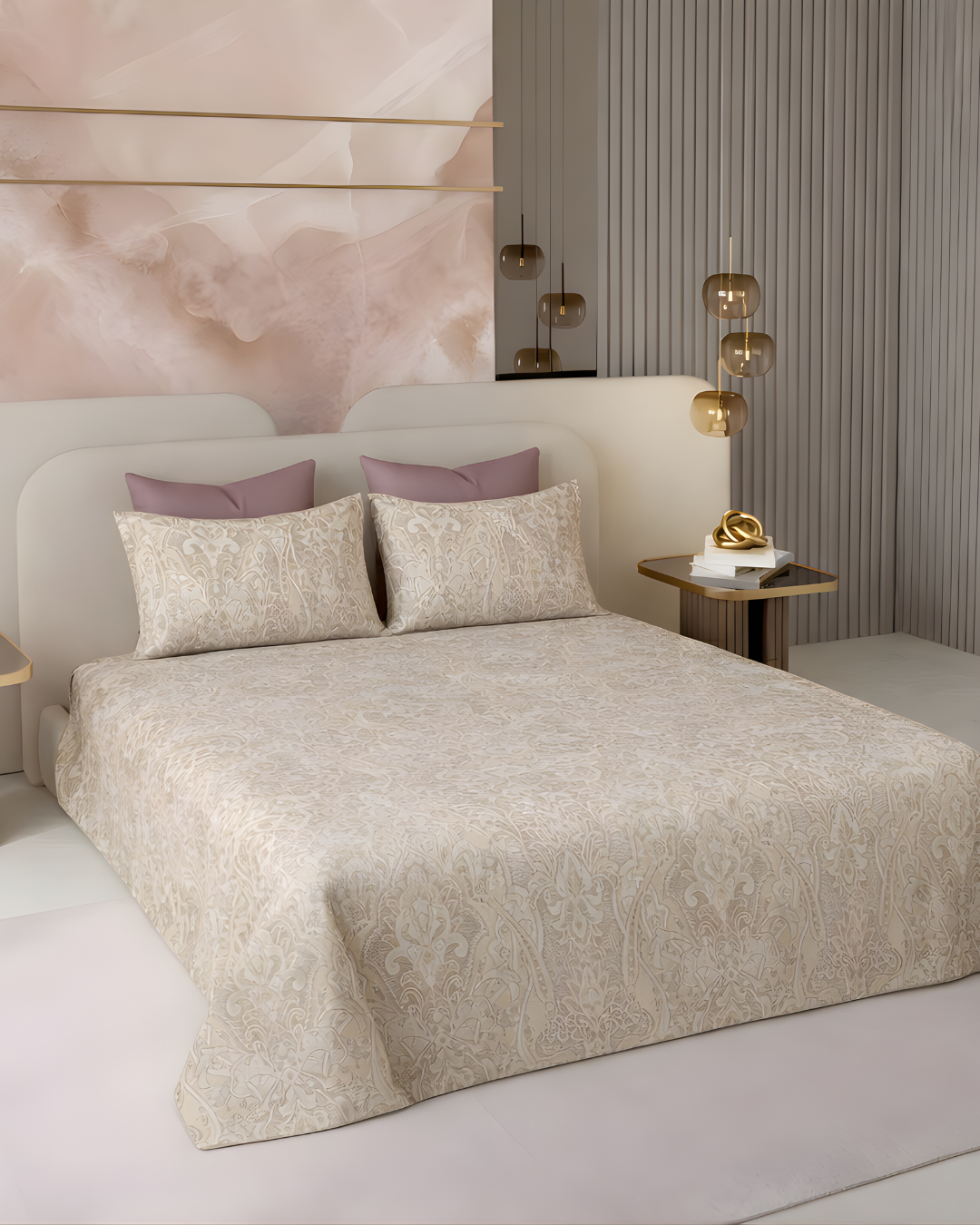 Super King Size Bedsheet | 400TC | 100% Pure Cotton Super King Size Bedsheet(275×275cm) with 2 Pillow Covers | Floral Pattern(Beige)
