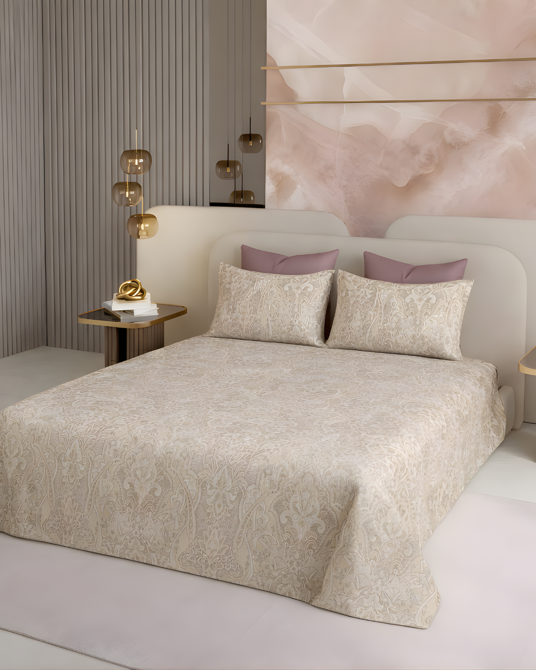 Super King Size Bedsheet | 400TC | 100% Pure Cotton Super King Size Bedsheet(275×275cm) with 2 Pillow Covers | Floral Pattern(Beige)