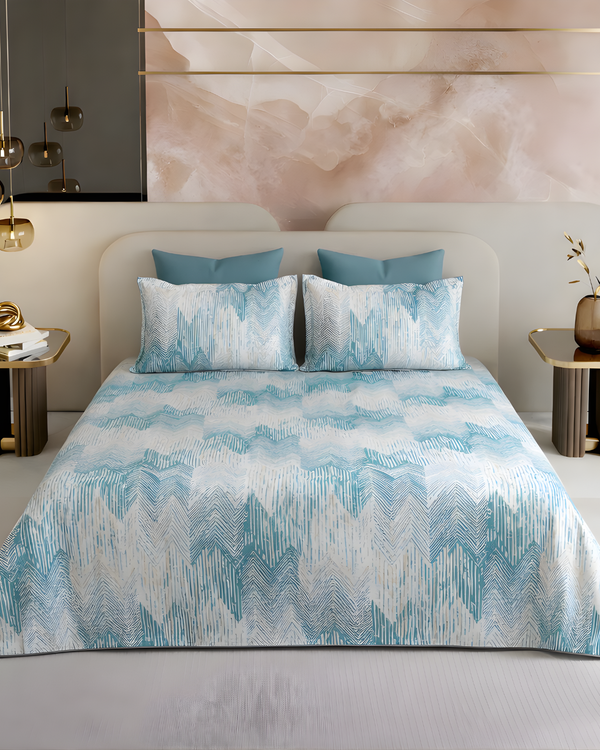 Super King Size Bedsheet | 400TC | 100% Pure Cotton Super King Size Bedsheet(275×275cm) with 2 Pillow Covers | Abstract Pattern (Light Blue)