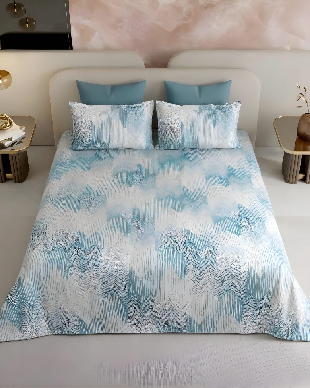 Super King Size Bedsheet | 400TC | 100% Pure Cotton Super King Size Bedsheet(275×275cm) with 2 Pillow Covers | Abstract Pattern (Light Blue)