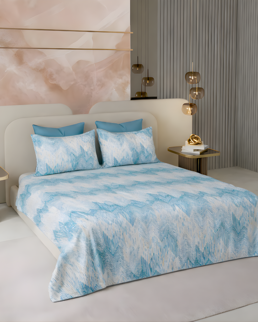 Super King Size Bedsheet | 400TC | 100% Pure Cotton Super King Size Bedsheet(275×275cm) with 2 Pillow Covers | Abstract Pattern (Light Blue)