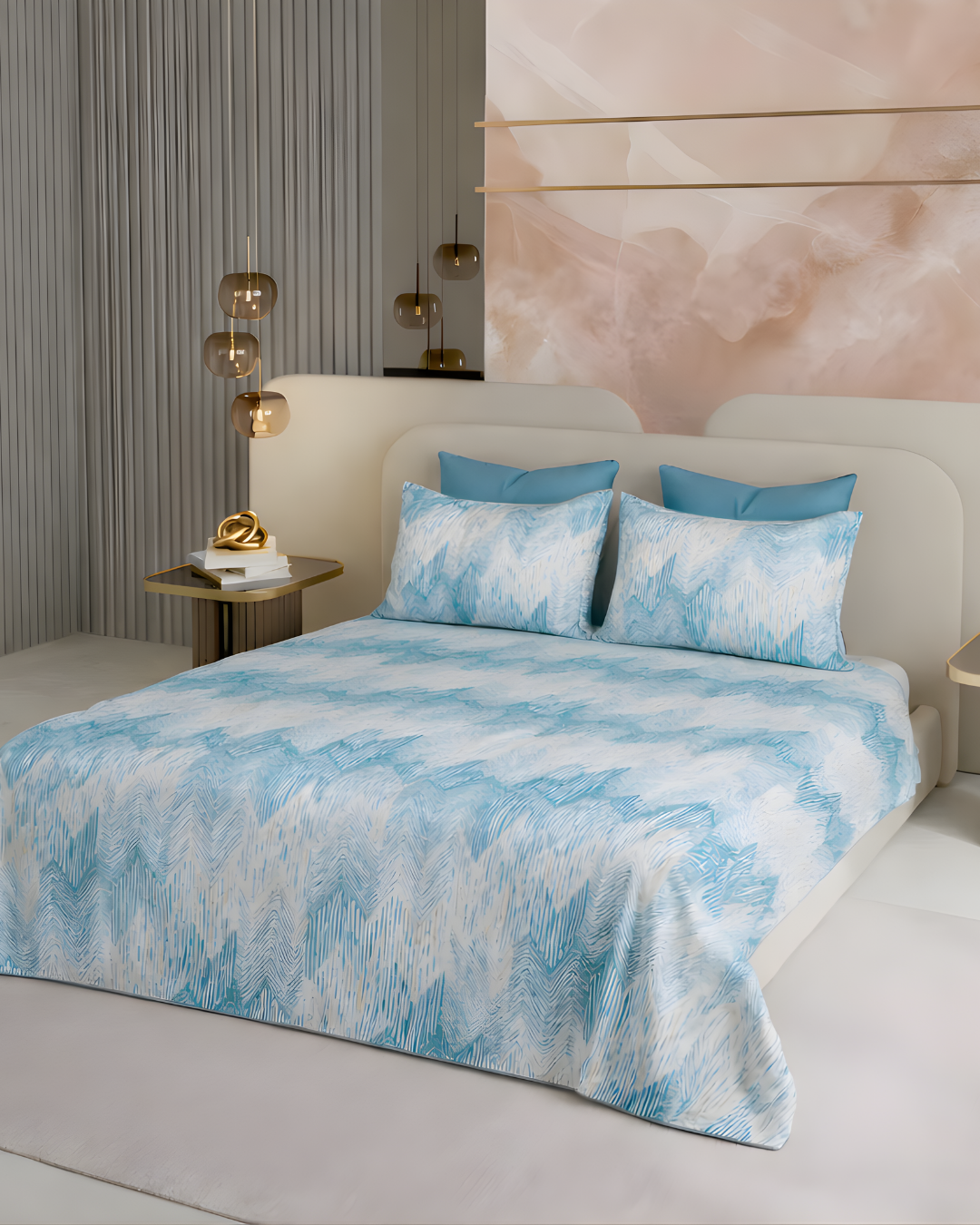 Super King Size Bedsheet | 400TC | 100% Pure Cotton Super King Size Bedsheet(275×275cm) with 2 Pillow Covers | Abstract Pattern (Light Blue)