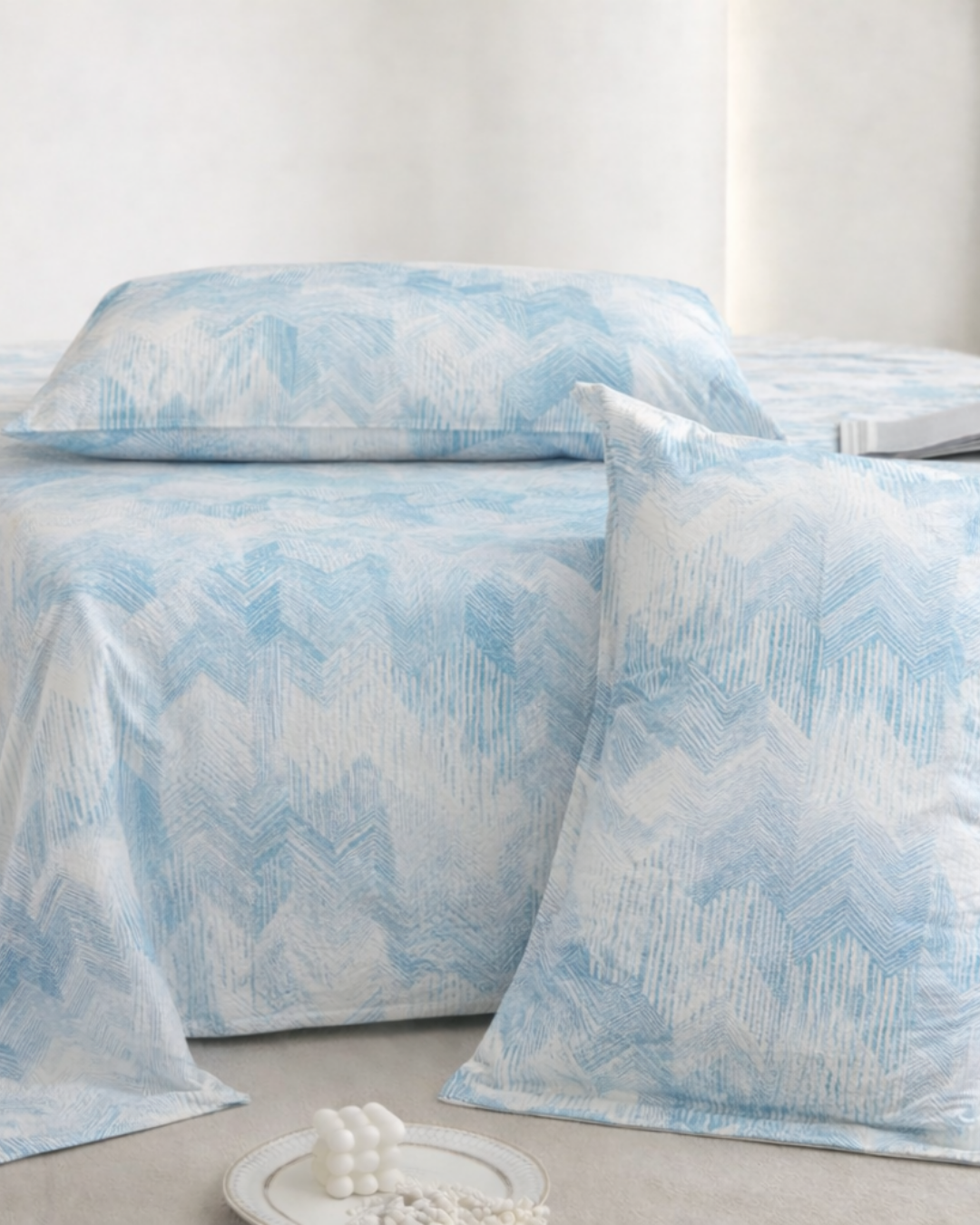 Super King Size Bedsheet | 400TC | 100% Pure Cotton Super King Size Bedsheet(275×275cm) with 2 Pillow Covers | Abstract Pattern (Light Blue)