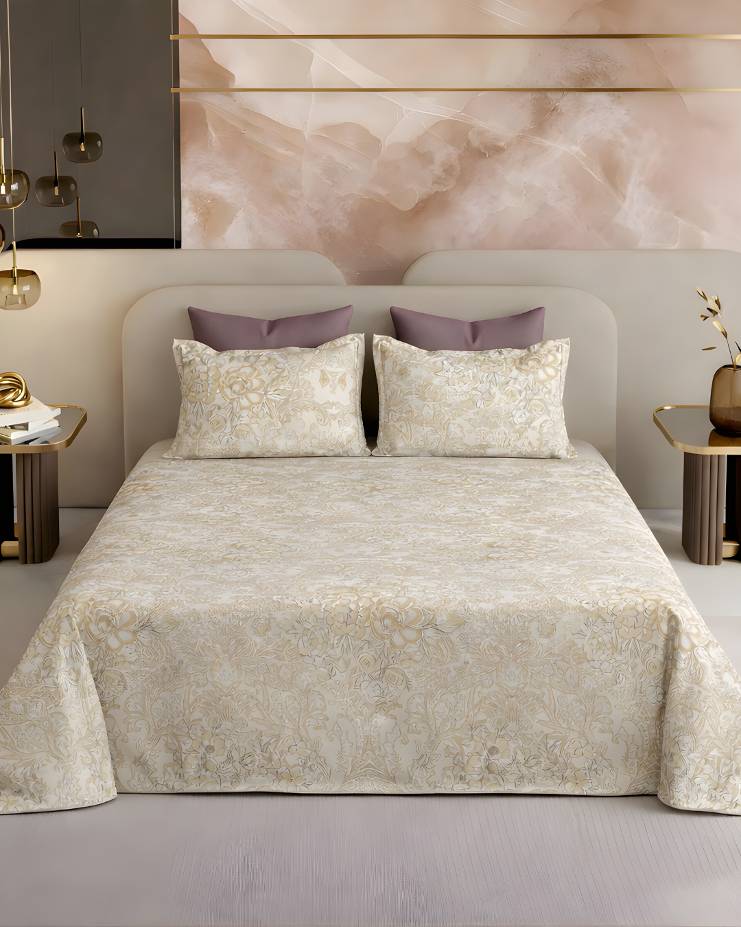Super King Size Bedsheet | 400TC | 100% Pure Cotton Super King Size Bedsheet(275×275cm) with 2 Pillow Covers | Floral Damask Pattern (Beige)