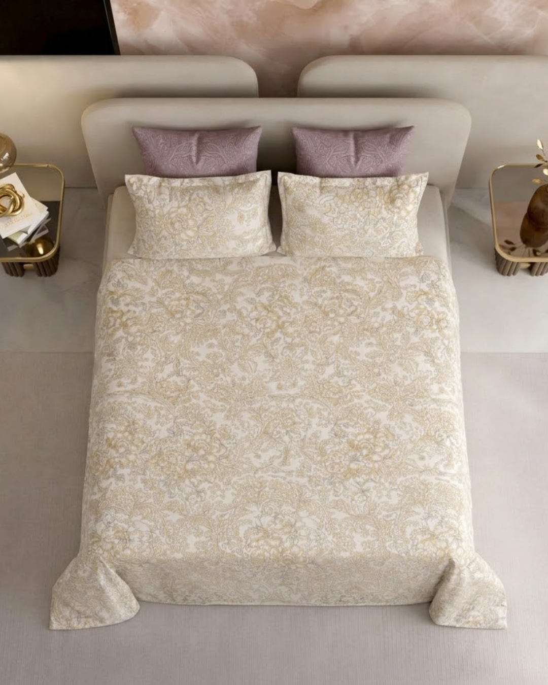 Super King Size Bedsheet | 400TC | 100% Pure Cotton Super King Size Bedsheet(275×275cm) with 2 Pillow Covers | Floral Damask Pattern (Beige)