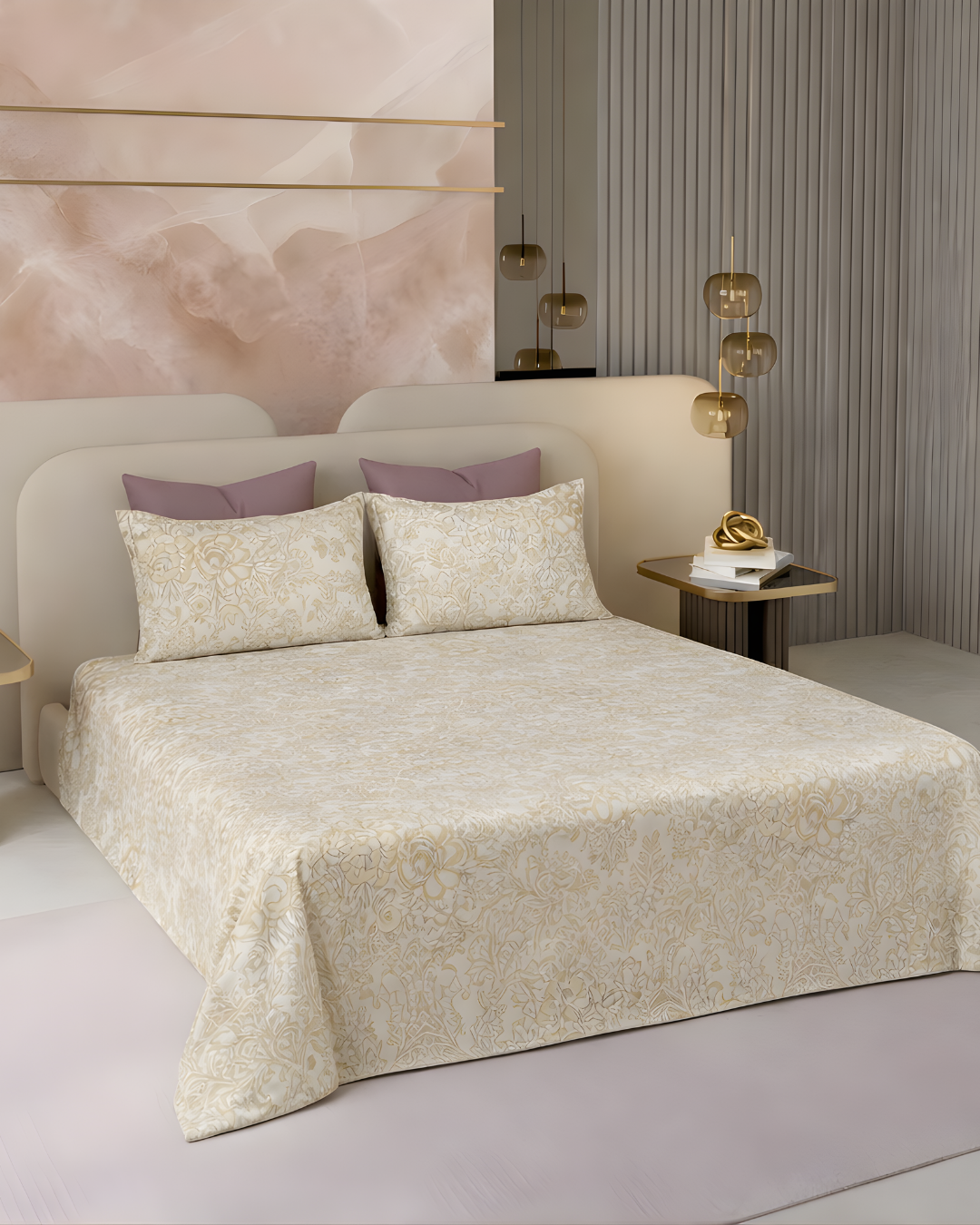 Super King Size Bedsheet | 400TC | 100% Pure Cotton Super King Size Bedsheet(275×275cm) with 2 Pillow Covers | Floral Damask Pattern (Beige)