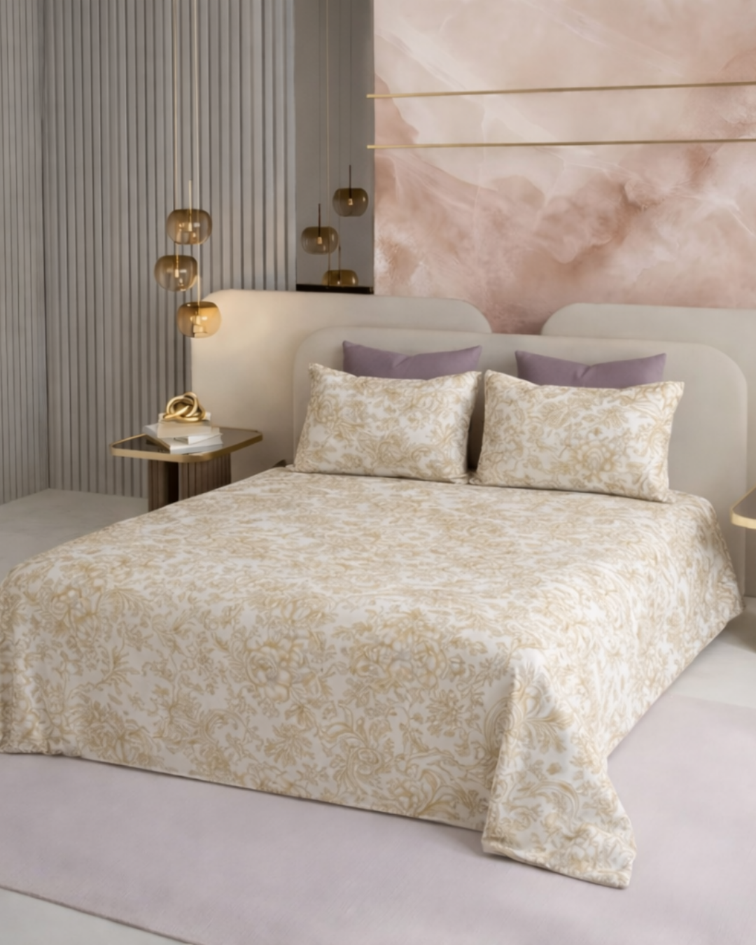 Super King Size Bedsheet | 400TC | 100% Pure Cotton Super King Size Bedsheet(275×275cm) with 2 Pillow Covers | Floral Damask Pattern (Beige)