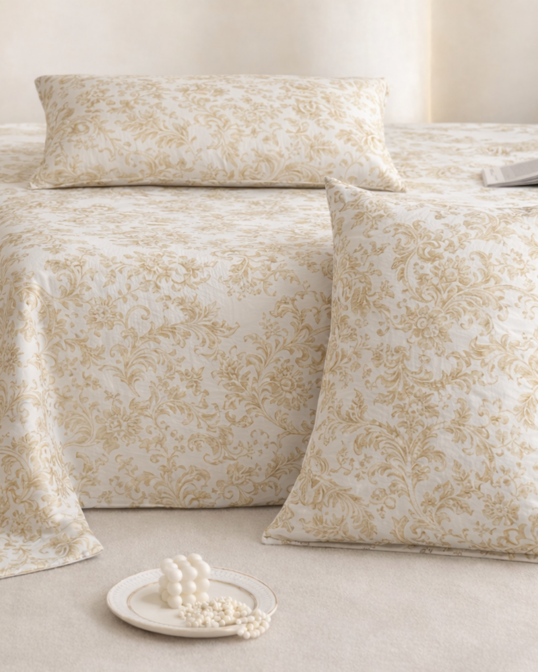 Super King Size Bedsheet | 400TC | 100% Pure Cotton Super King Size Bedsheet(275×275cm) with 2 Pillow Covers | Floral Damask Pattern (Beige)