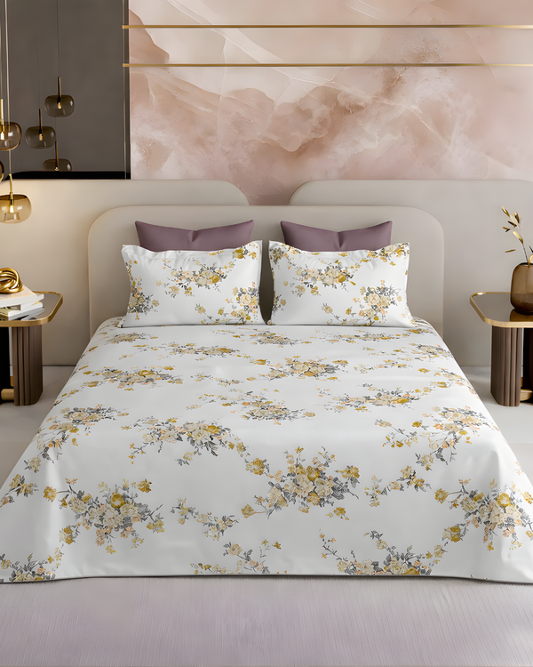 Super King Size Bedsheet | 400TC | 100% Pure Cotton Super King Size Bedsheet(275×275cm) with 2 Pillow Covers | Floral Pattern (White & Yellow)