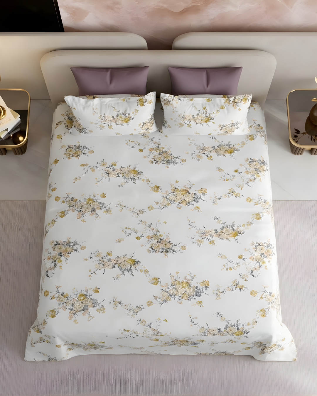 Super King Size Bedsheet | 400TC | 100% Pure Cotton Super King Size Bedsheet(275×275cm) with 2 Pillow Covers | Floral Pattern (White & Yellow)