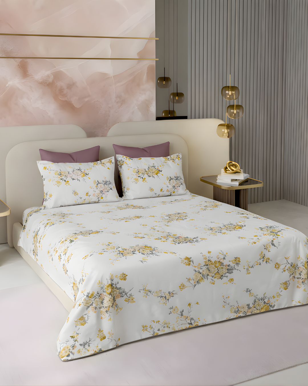 Super King Size Bedsheet | 400TC | 100% Pure Cotton Super King Size Bedsheet(275×275cm) with 2 Pillow Covers | Floral Pattern (White & Yellow)
