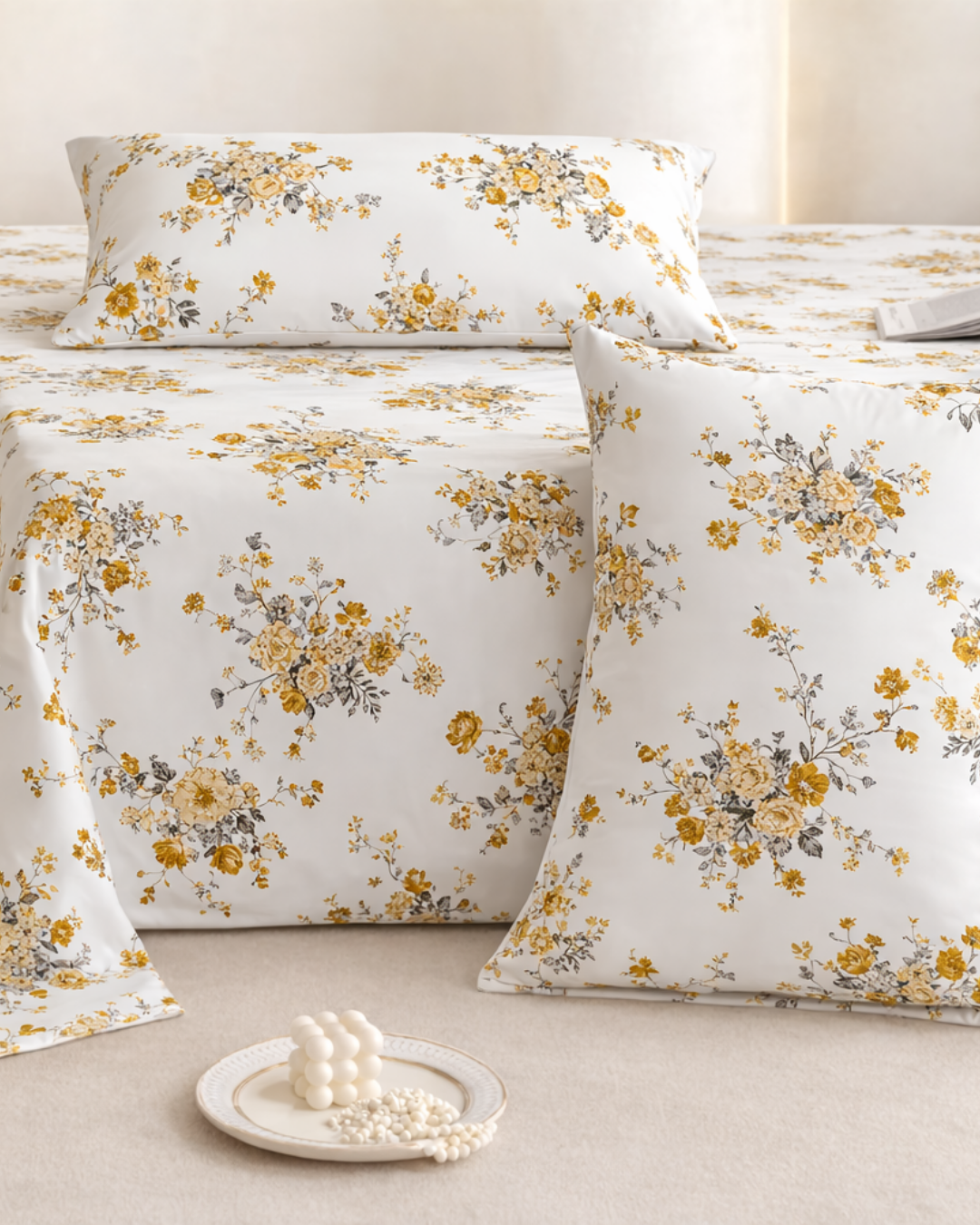 Super King Size Bedsheet | 400TC | 100% Pure Cotton Super King Size Bedsheet(275×275cm) with 2 Pillow Covers | Floral Pattern (White & Yellow)