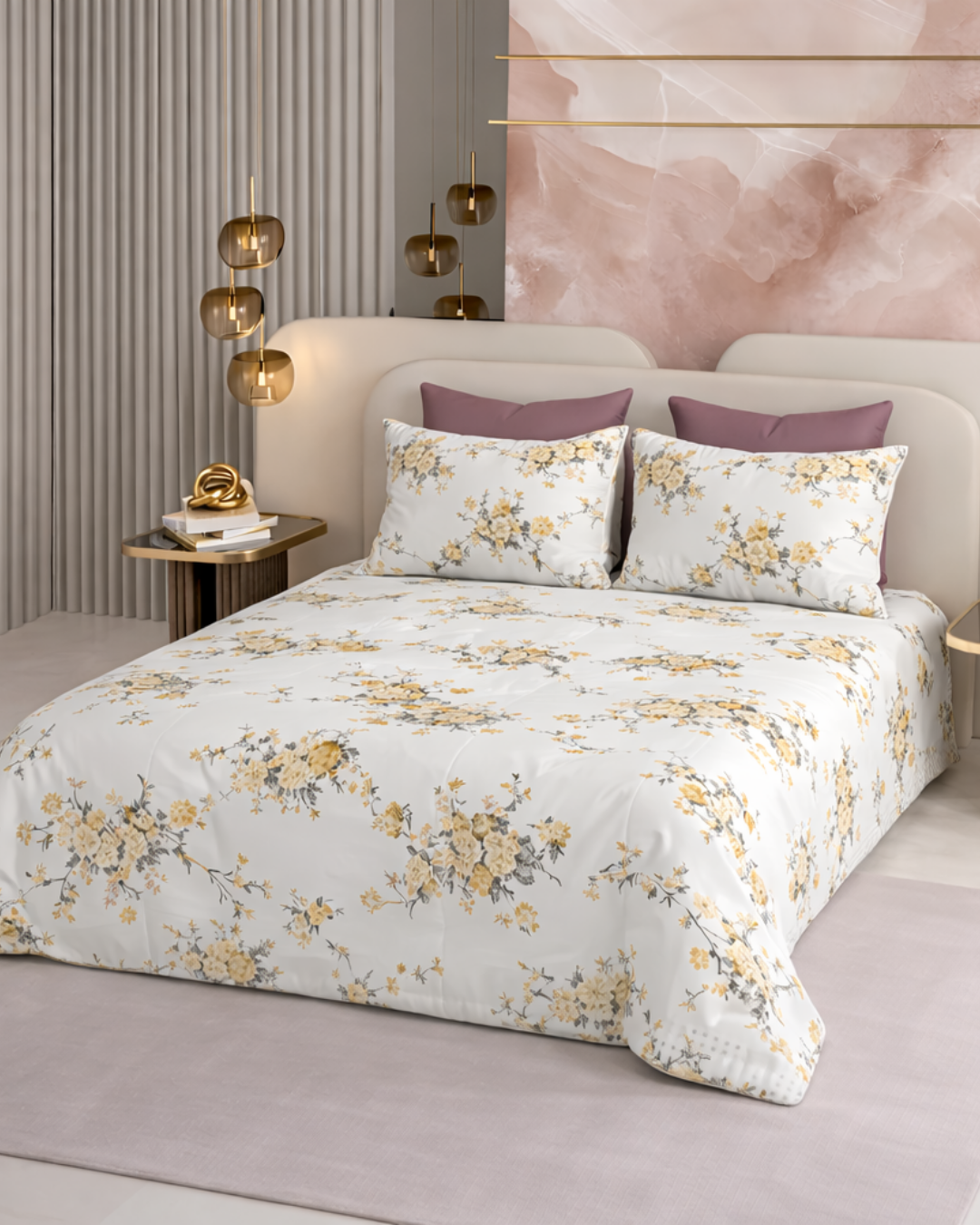 Super King Size Bedsheet | 400TC | 100% Pure Cotton Super King Size Bedsheet(275×275cm) with 2 Pillow Covers | Floral Pattern (White & Yellow)
