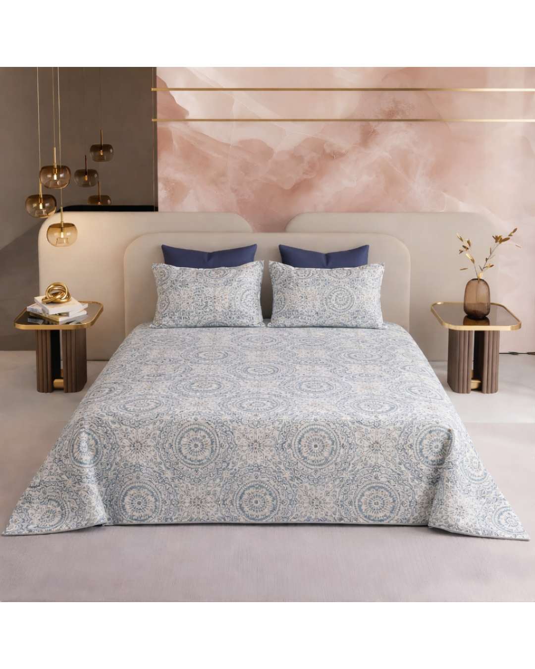 Super King Size Bedsheet | 400TC | 100% Pure Cotton Super King Size Bedsheet(275×275cm) with 2 Pillow Covers | Medallion Pattern (Blue & White)