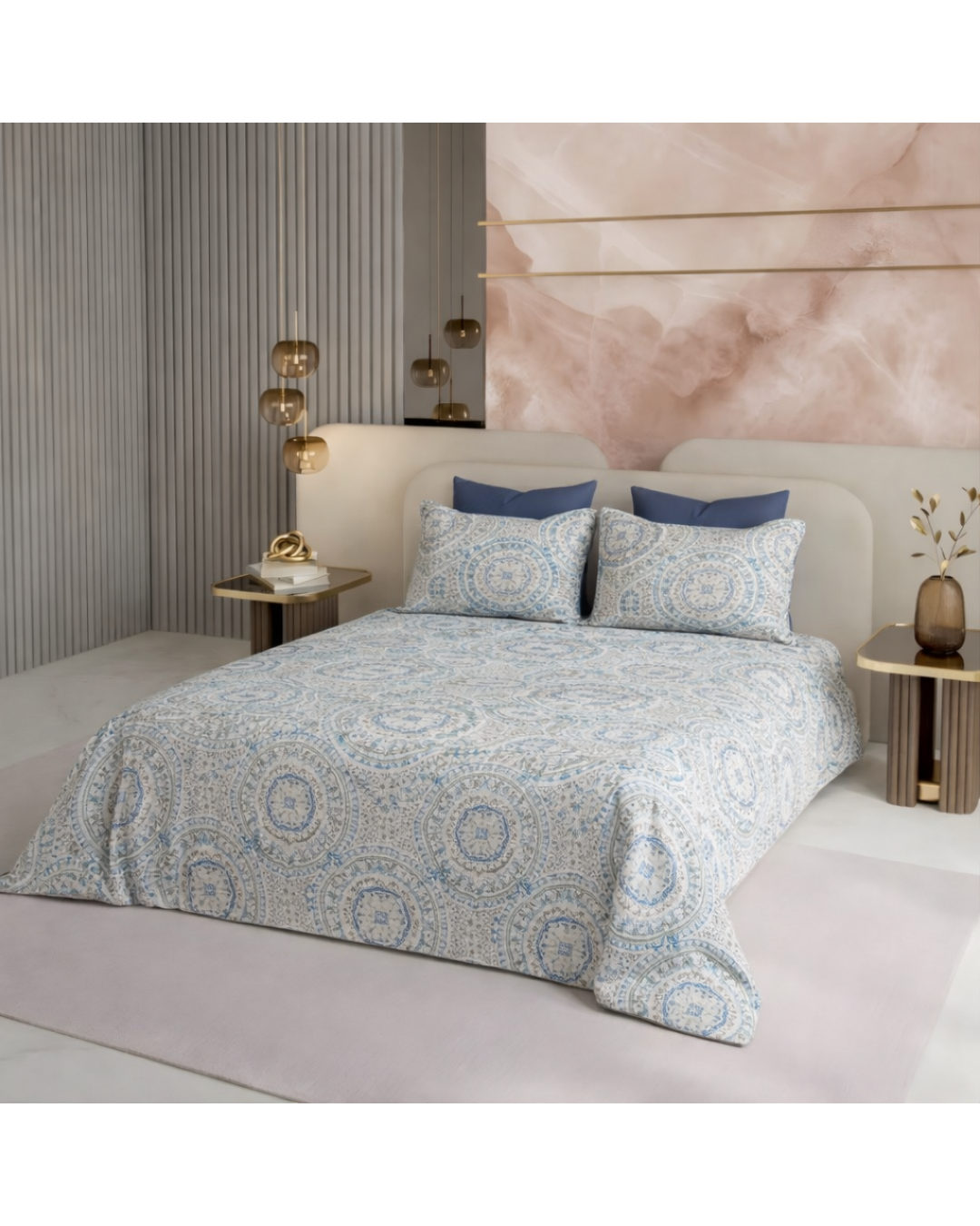 Super King Size Bedsheet | 400TC | 100% Pure Cotton Super King Size Bedsheet(275×275cm) with 2 Pillow Covers | Medallion Pattern (Blue & White)