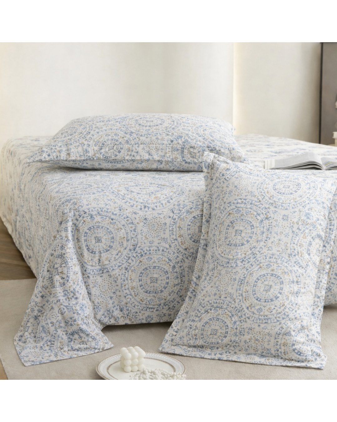 Super King Size Bedsheet | 400TC | 100% Pure Cotton Super King Size Bedsheet(275×275cm) with 2 Pillow Covers | Medallion Pattern (Blue & White)