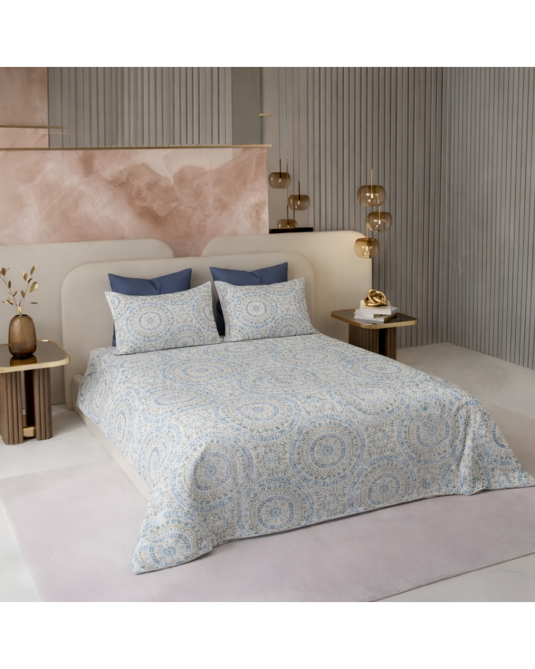 Super King Size Bedsheet | 400TC | 100% Pure Cotton Super King Size Bedsheet(275×275cm) with 2 Pillow Covers | Medallion Pattern (Blue & White)