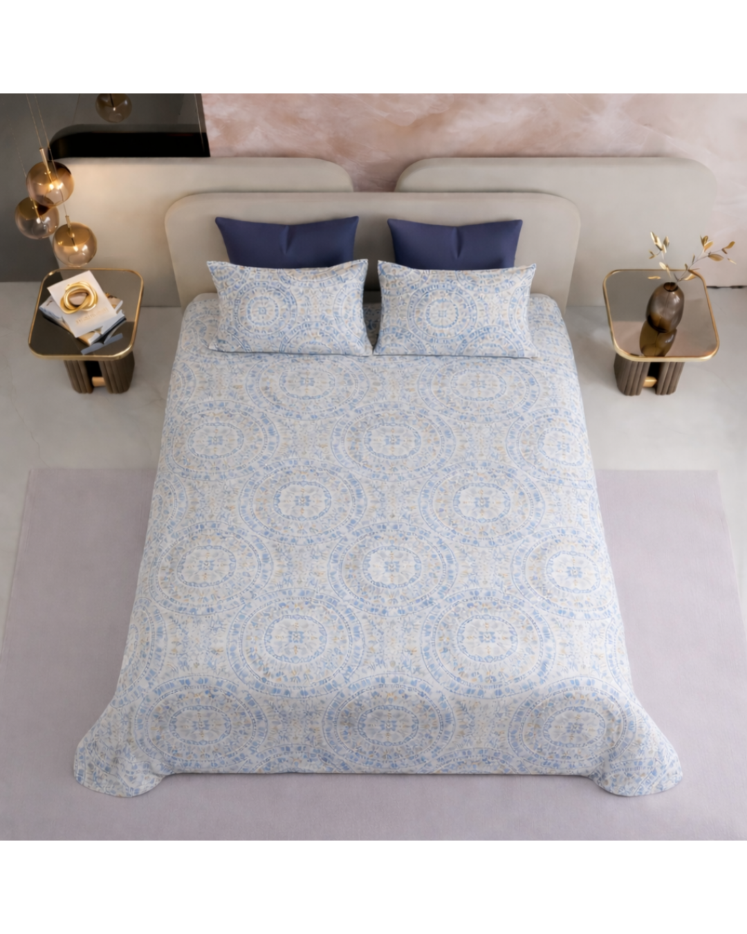 Super King Size Bedsheet | 400TC | 100% Pure Cotton Super King Size Bedsheet(275×275cm) with 2 Pillow Covers | Medallion Pattern (Blue & White)