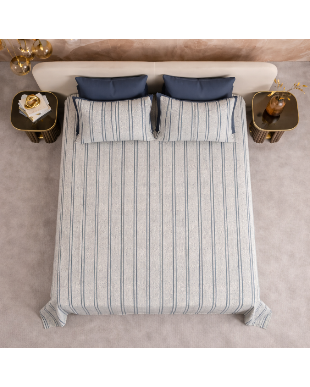 Super King Size Bedsheet | 400TC | 100% Pure Cotton Super King Size Bedsheet(275×275cm) with 2 Pillow Covers | Striped Pattern (Grey & Blue)