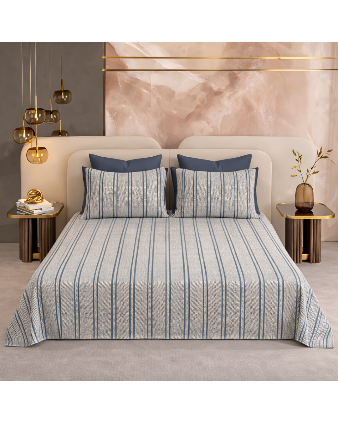Super King Size Bedsheet | 400TC | 100% Pure Cotton Super King Size Bedsheet(275×275cm) with 2 Pillow Covers | Striped Pattern (Grey & Blue)