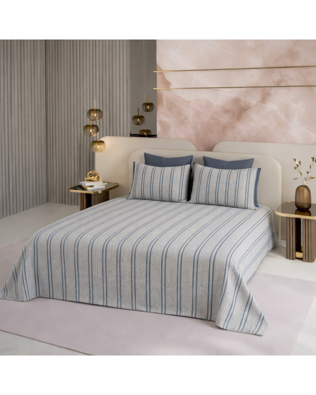 Super King Size Bedsheet | 400TC | 100% Pure Cotton Super King Size Bedsheet(275×275cm) with 2 Pillow Covers | Striped Pattern (Grey & Blue)