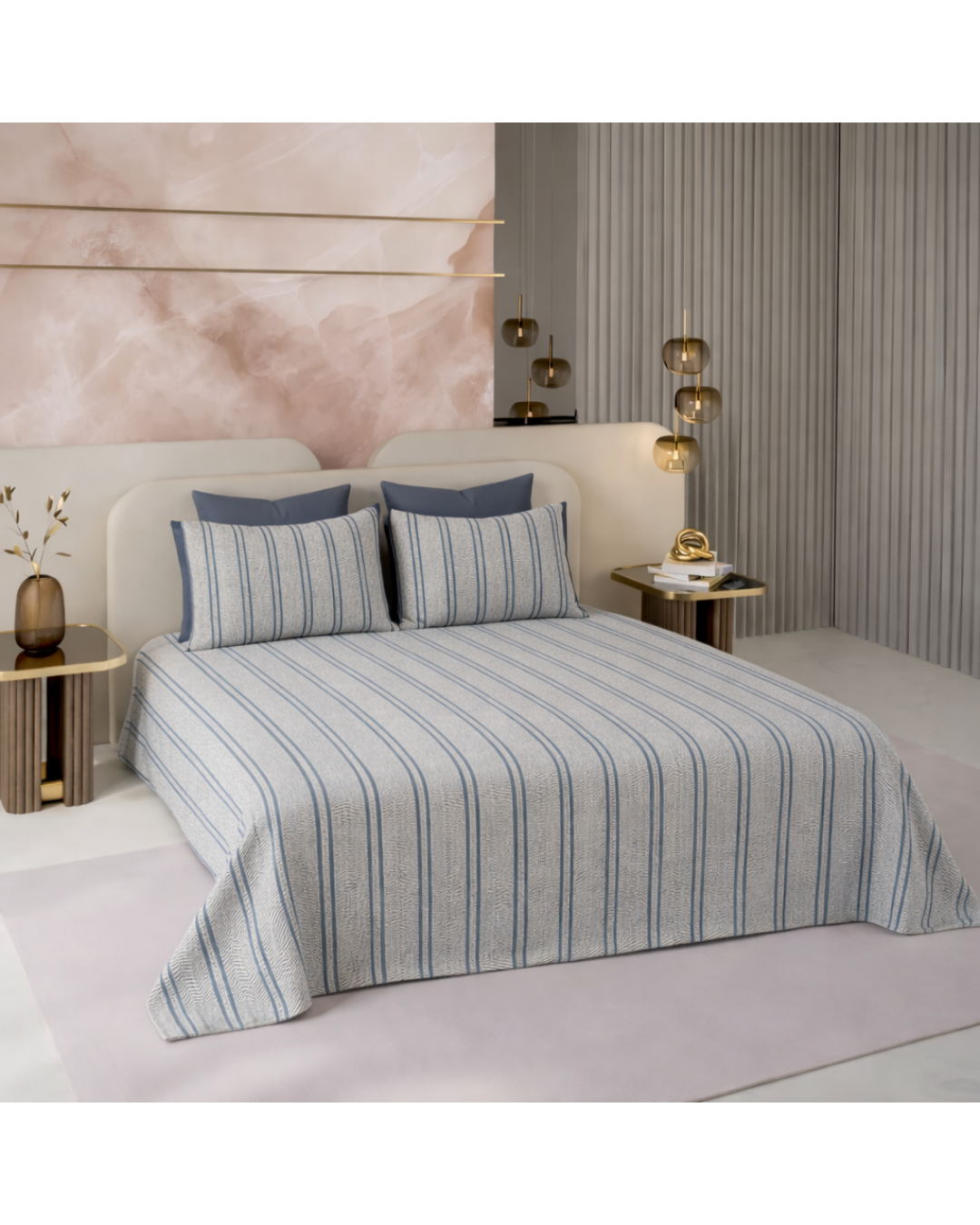 Super King Size Bedsheet | 400TC | 100% Pure Cotton Super King Size Bedsheet(275×275cm) with 2 Pillow Covers | Striped Pattern (Grey & Blue)