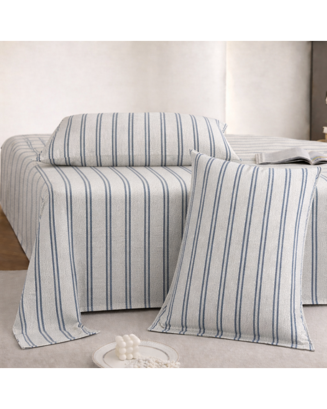 Super King Size Bedsheet | 400TC | 100% Pure Cotton Super King Size Bedsheet(275×275cm) with 2 Pillow Covers | Striped Pattern (Grey & Blue)