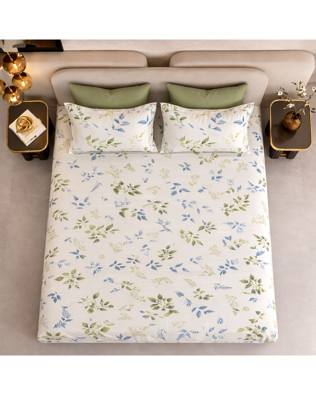Super King Size Bedsheet | 400TC | 100% Pure Cotton Super King Size Bedsheet(275×275cm) with 2 Pillow Covers | Leaf Pattern (White & Green)