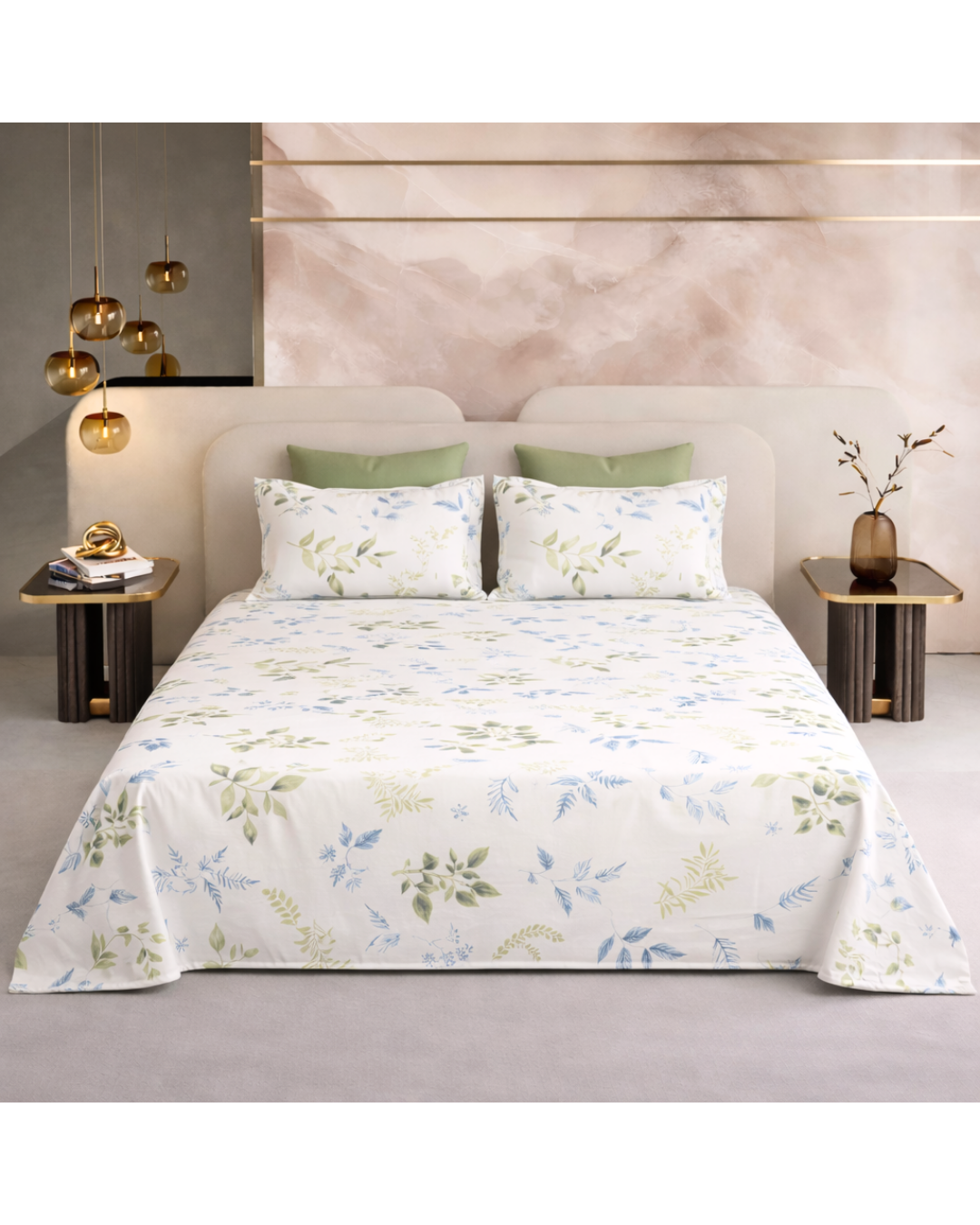 Super King Size Bedsheet | 400TC | 100% Pure Cotton Super King Size Bedsheet(275×275cm) with 2 Pillow Covers | Leaf Pattern (White & Green)