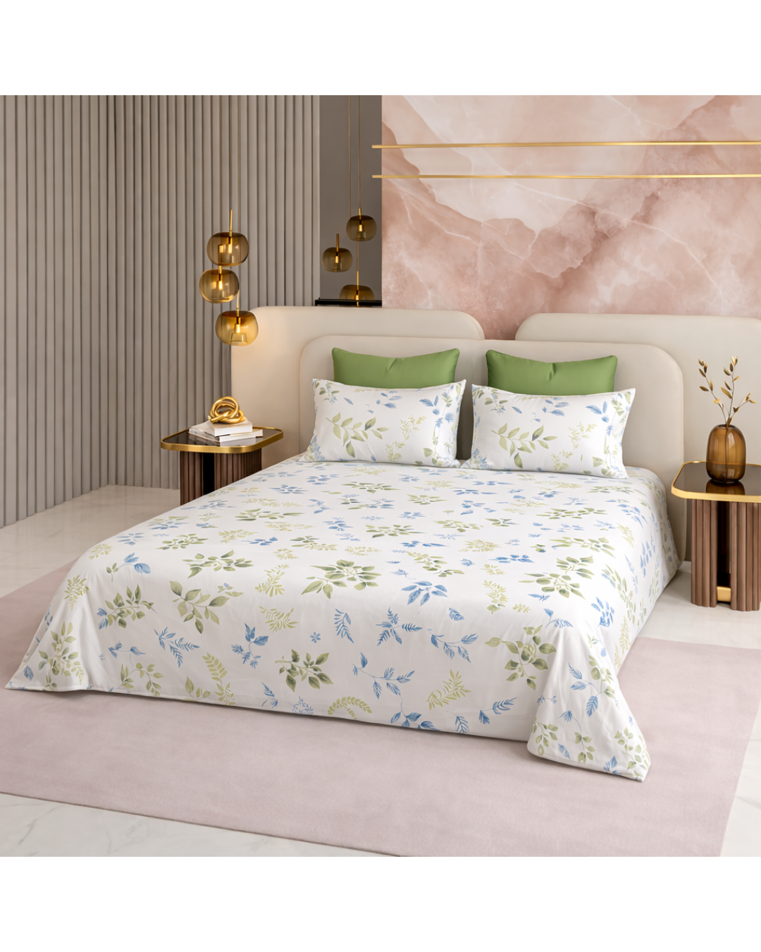 Super King Size Bedsheet | 400TC | 100% Pure Cotton Super King Size Bedsheet(275×275cm) with 2 Pillow Covers | Leaf Pattern (White & Green)