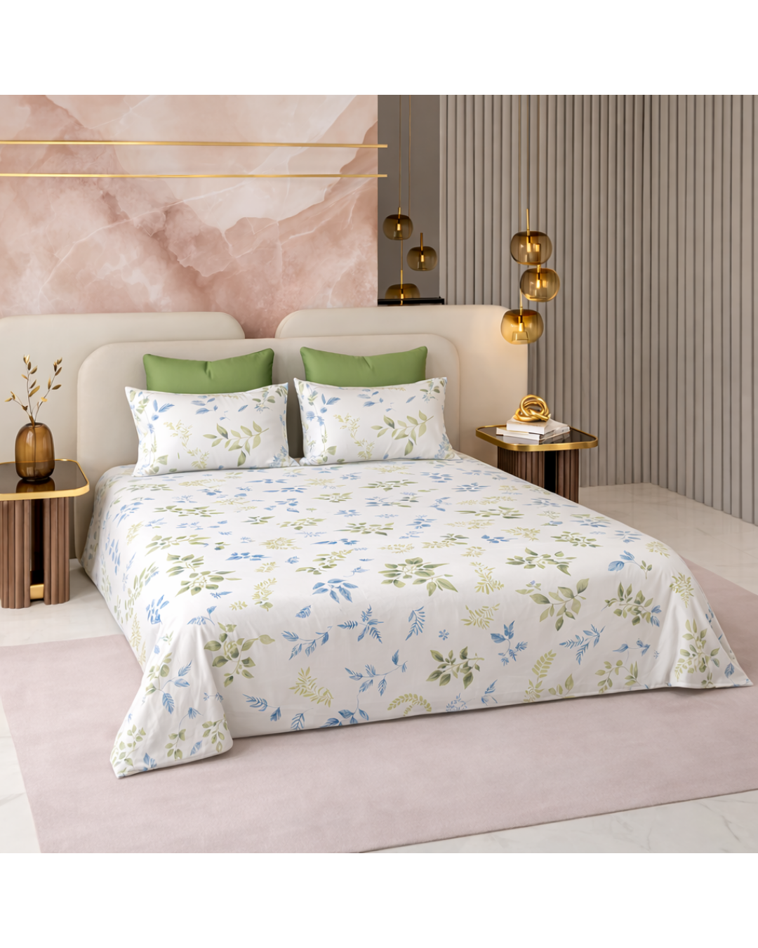 Super King Size Bedsheet | 400TC | 100% Pure Cotton Super King Size Bedsheet(275×275cm) with 2 Pillow Covers | Leaf Pattern (White & Green)