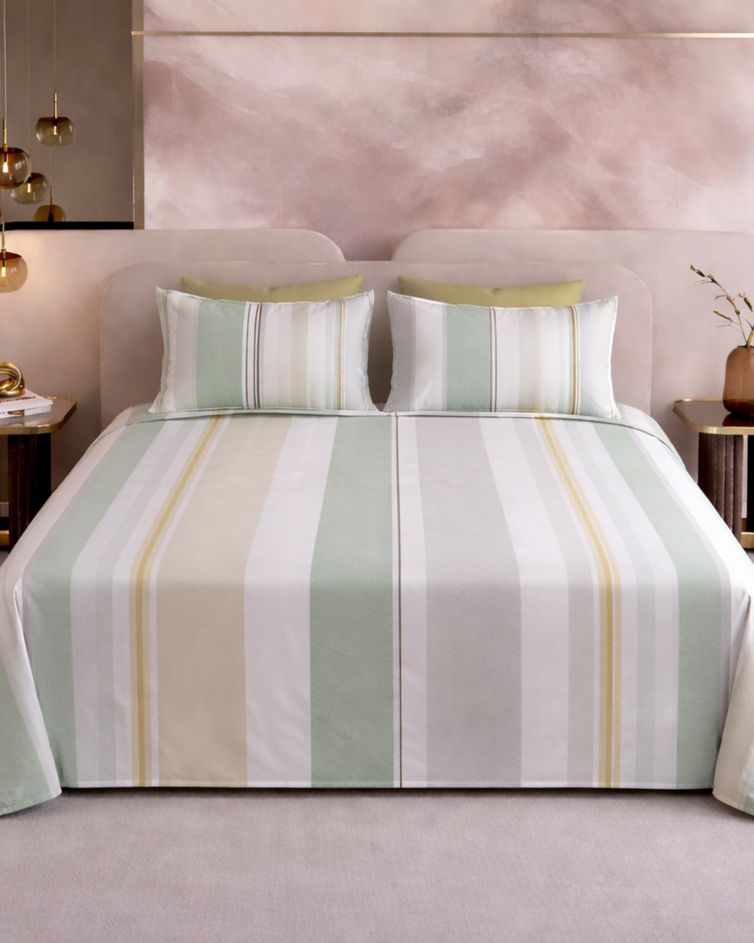 Super King Size Bedsheet | 400TC | 100% Pure Cotton Super King Size Bedsheet(275×275cm) with 2 Pillow Covers | Striped Pattern (Green & Beige)
