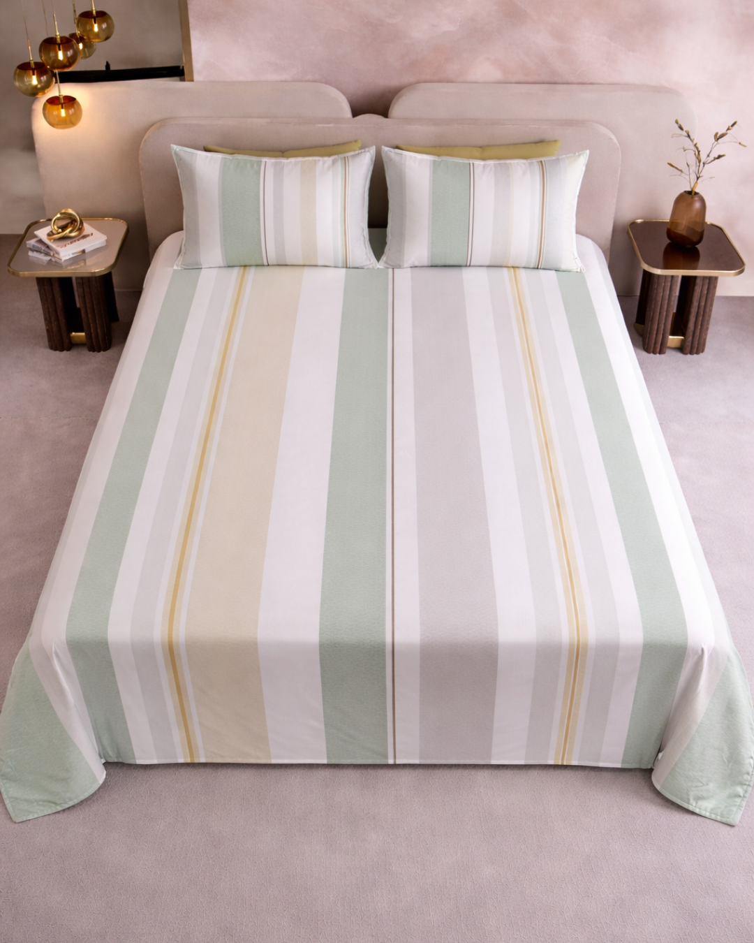 Super King Size Bedsheet | 400TC | 100% Pure Cotton Super King Size Bedsheet(275×275cm) with 2 Pillow Covers | Striped Pattern (Green & Beige)