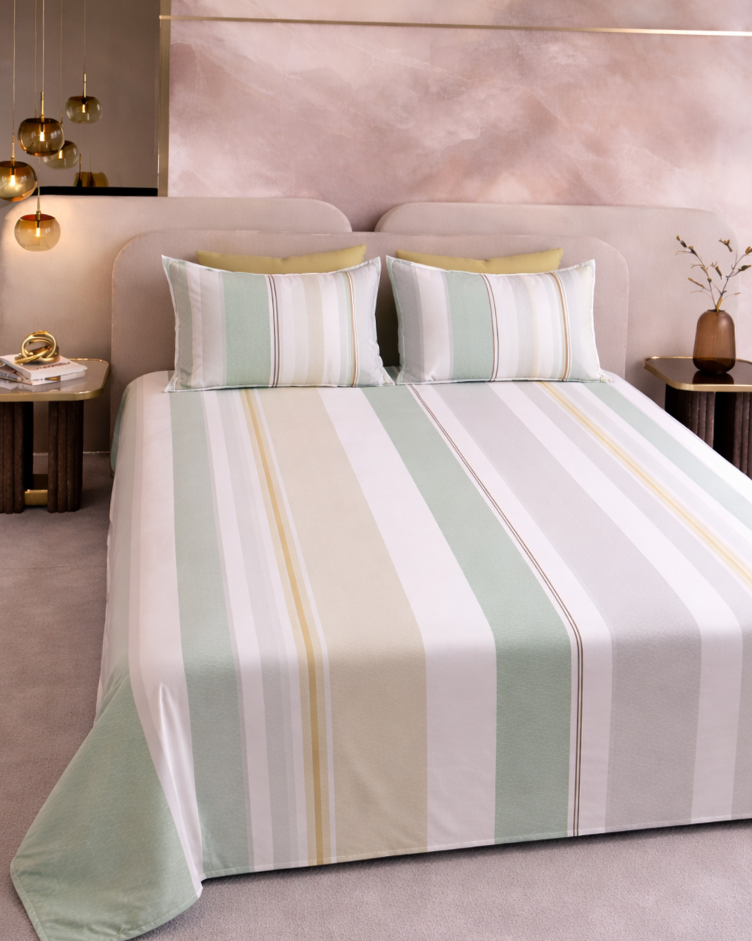 Super King Size Bedsheet | 400TC | 100% Pure Cotton Super King Size Bedsheet(275×275cm) with 2 Pillow Covers | Striped Pattern (Green & Beige)