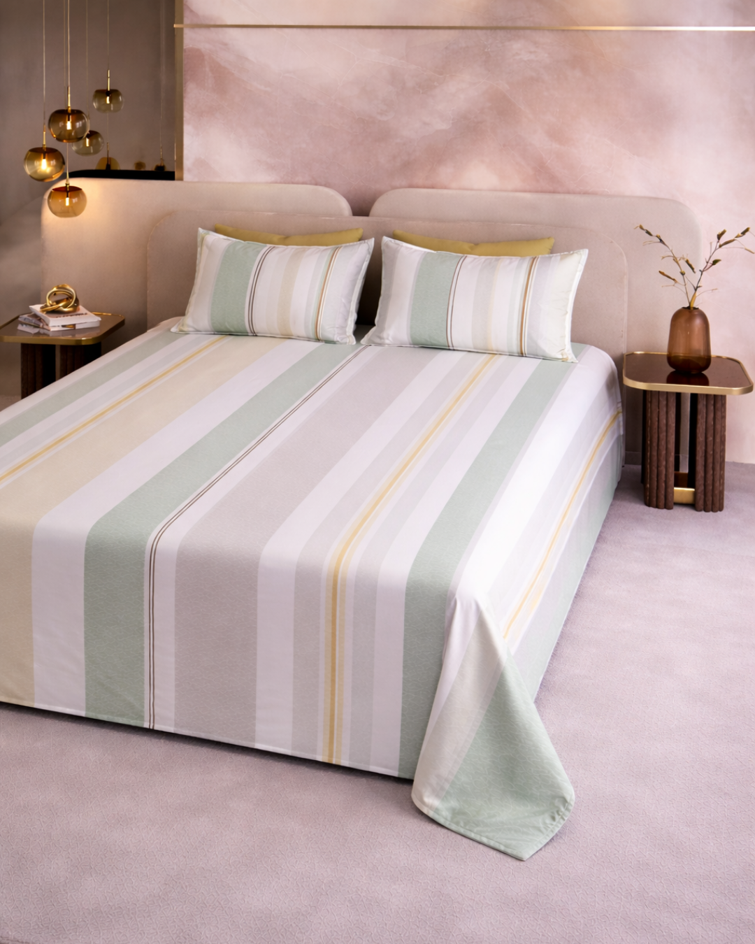 Super King Size Bedsheet | 400TC | 100% Pure Cotton Super King Size Bedsheet(275×275cm) with 2 Pillow Covers | Striped Pattern (Green & Beige)