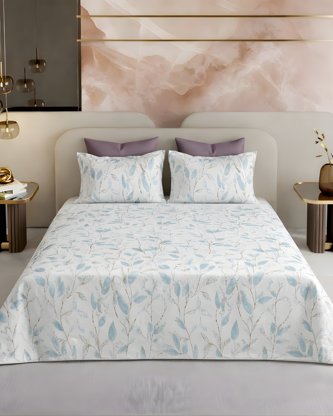 Super King Size Bedsheet | 400TC | 100% Pure Cotton Super King Size Bedsheet(275×275cm) with 2 Pillow Covers | Botanical Pattern (Light Blue)