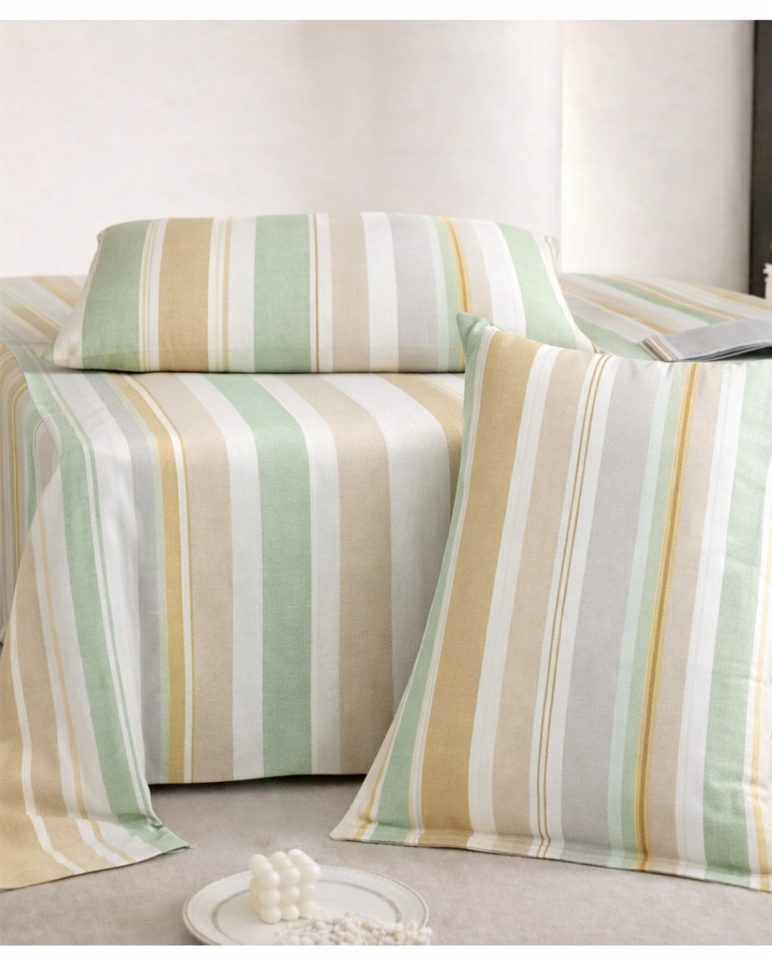 Super King Size Bedsheet | 400TC | 100% Pure Cotton Super King Size Bedsheet(275×275cm) with 2 Pillow Covers | Striped Pattern (Green & Beige)