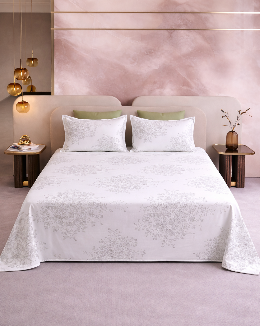 Super King Size Bedsheet | 400TC | 100% Pure Cotton Super King Size Bedsheet(275×275cm) with 2 Pillow Covers | Floral Pattern (White & Grey)