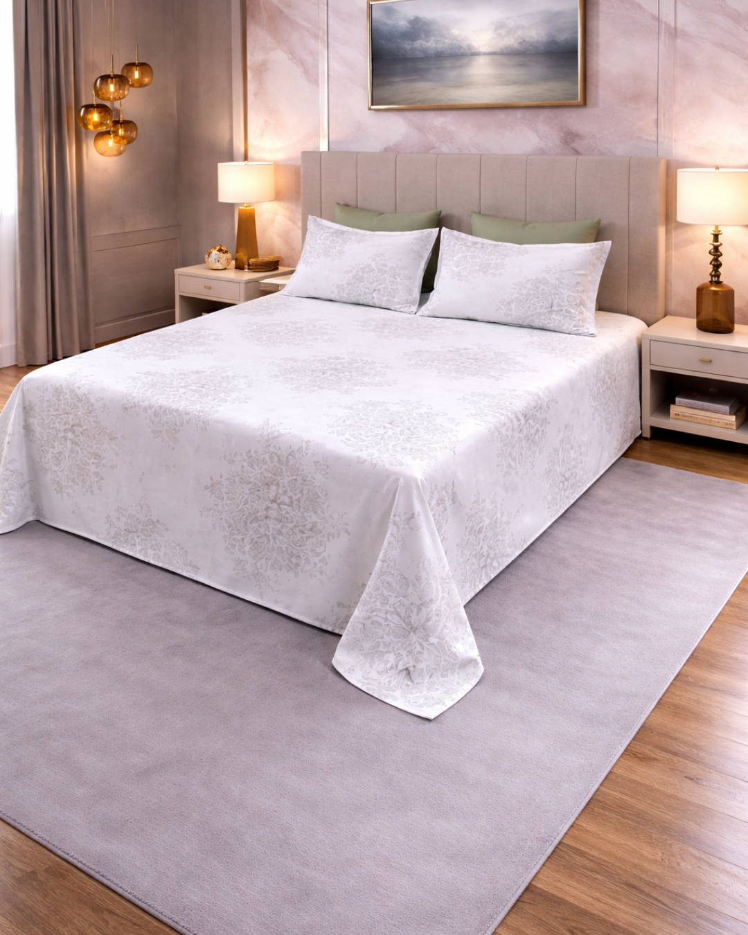 Super King Size Bedsheet | 400TC | 100% Pure Cotton Super King Size Bedsheet(275×275cm) with 2 Pillow Covers | Floral Pattern (White & Grey)