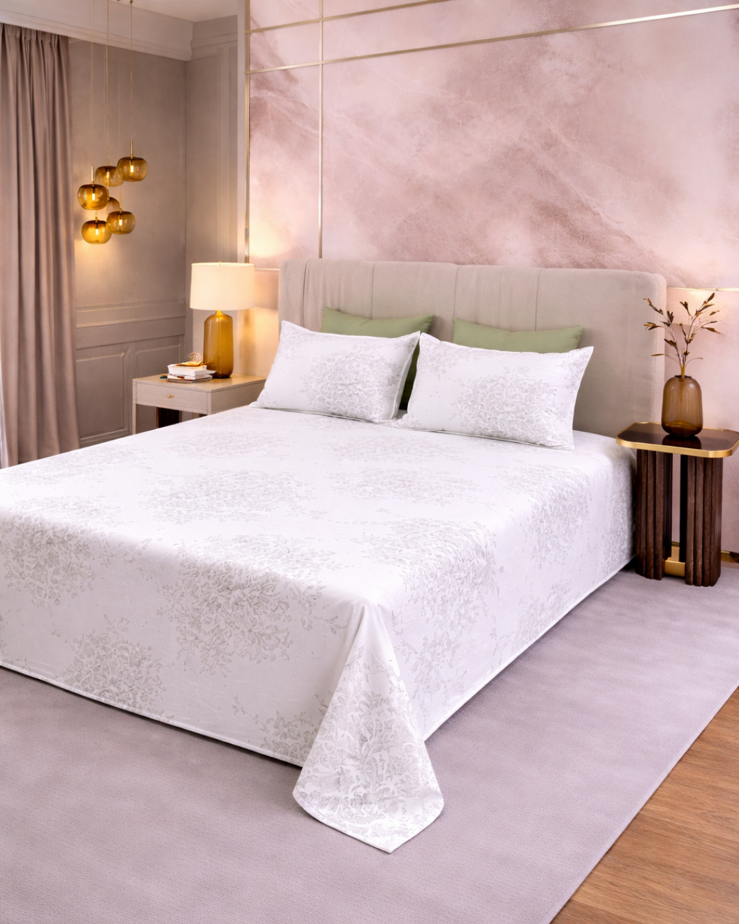 Super King Size Bedsheet | 400TC | 100% Pure Cotton Super King Size Bedsheet(275×275cm) with 2 Pillow Covers | Floral Pattern (White & Grey)