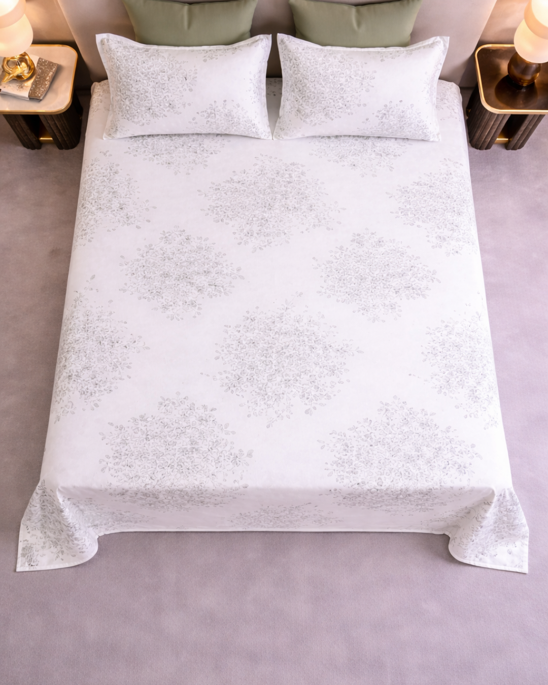Super King Size Bedsheet | 400TC | 100% Pure Cotton Super King Size Bedsheet(275×275cm) with 2 Pillow Covers | Floral Pattern (White & Grey)